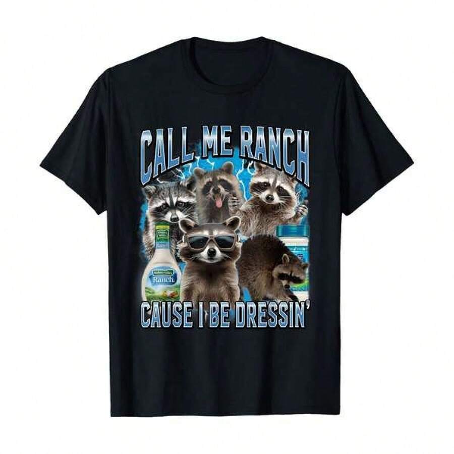 Camiseta de verano fresca y sencilla con cuello redondo, con el meme divertido del mapache "Call Me Ranch Cause I Be Dressing", camiseta de algodón 100% para mujer, ropa de verano y vacaciones para mujer, suave y transpirable, esencial para el día a día. Camiseta suave, casual y versátil. - Negro - Ver 1