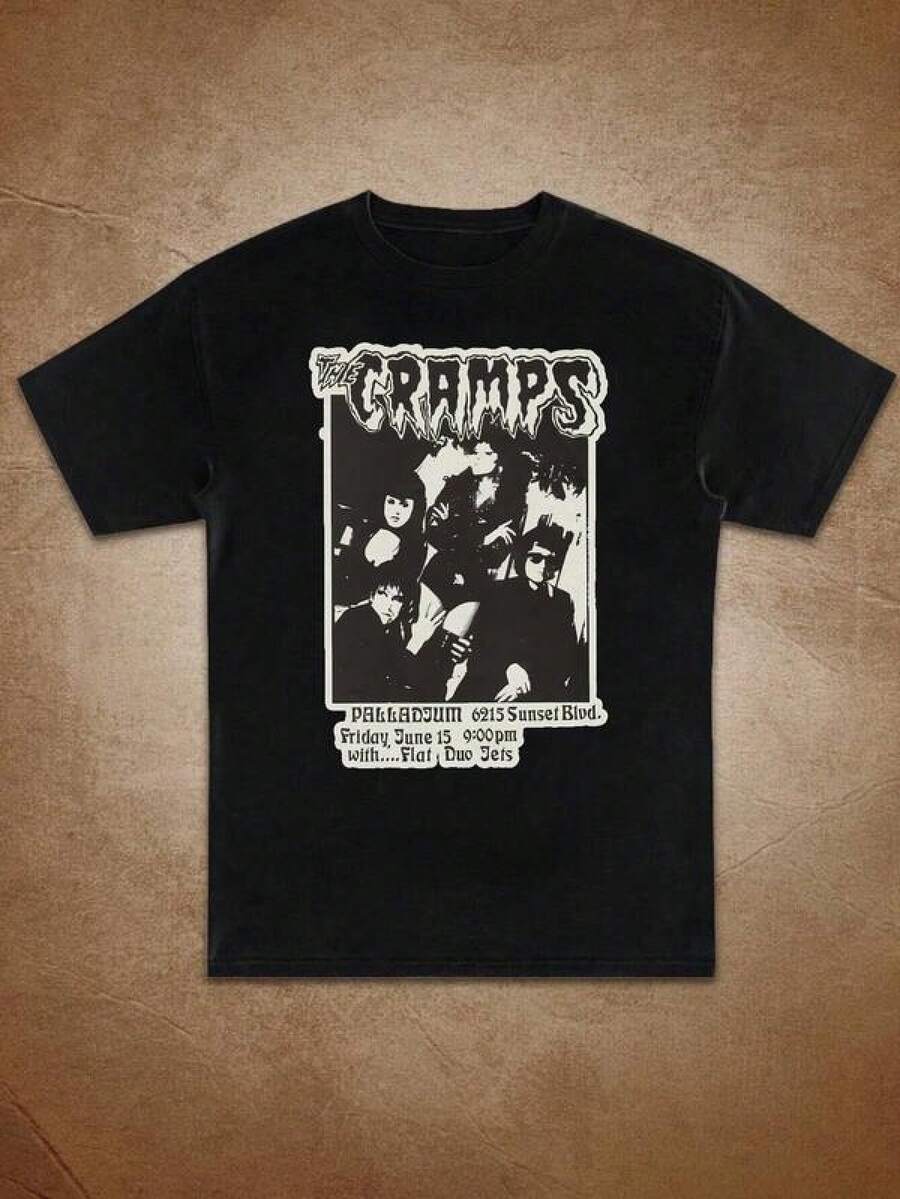 Camiseta gráfica vintage de la banda de rock Gramps para mujeres - blanca de manga corta con cuello redondo, top casual con estampado retro negro y gris, lavable a máquina, ropa de calle diaria, camisetas vintage - Negro - Ver 1