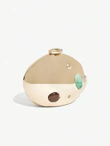 Bolso de mano con carcasa dura de metal de moda, con incrustaciones de piedras preciosas exquisitas, bolso bandolera con cadena de metal, bolso de cena de diseño de nicho, adecuado para banquetes y reuniones - Dorado - Ver 7