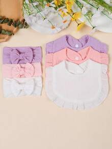 3pcs Cute Soft Elastic Baby Bow Headband Set, 3pcs Candy Color Baby Bib Drool Cloth Set, Suitable For Daily Wear, All Seasons - Multicolor - View 1