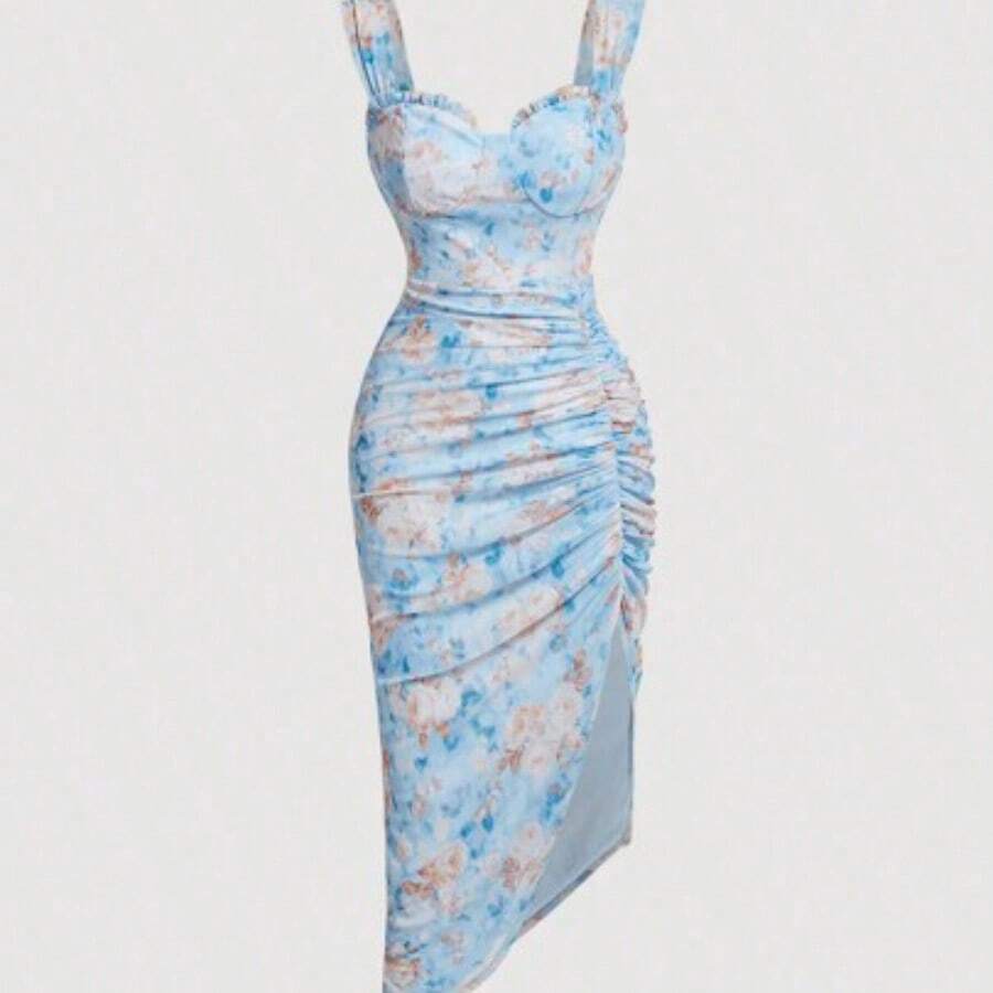 WNS MOD Vestido con estampado floral, plisado y dobladillo asimétrico con abertura, vestidos en tonos pastel para mujer - Azul - Ver 1