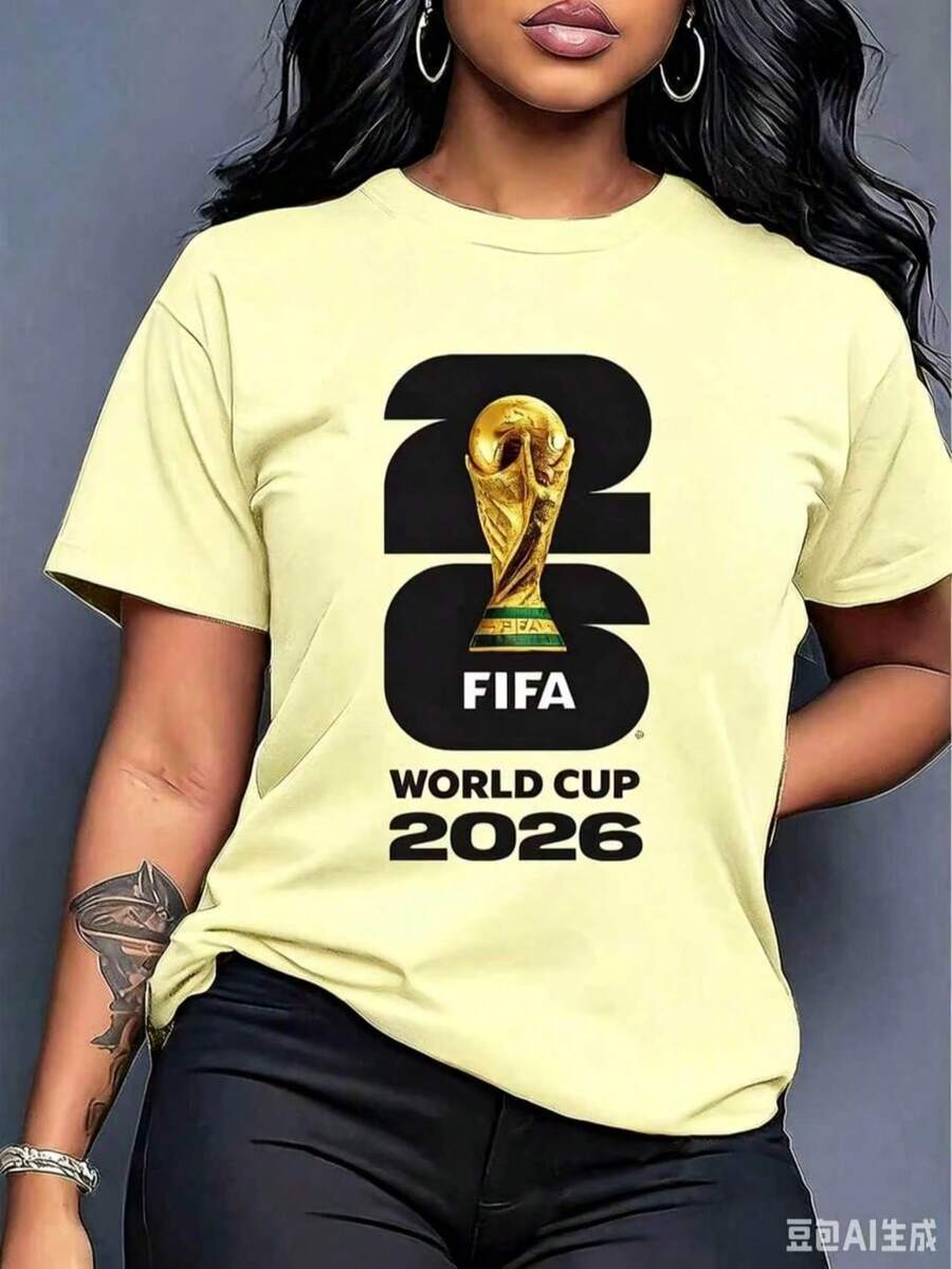 [Official FIFA World Cup Licensed]Graphic[FIFA World Cup Licensed]2026 World Cup, Football-Themed Fun Printed Short-Sleeve T-Shirt, Street Style Print Design, Summer Top, A Must-Have For Fans, Available In Men's And Women's Styles, Suitable As A Birthday Gift For A Boyfriend T-Shirt - 黃色 - 查看 1