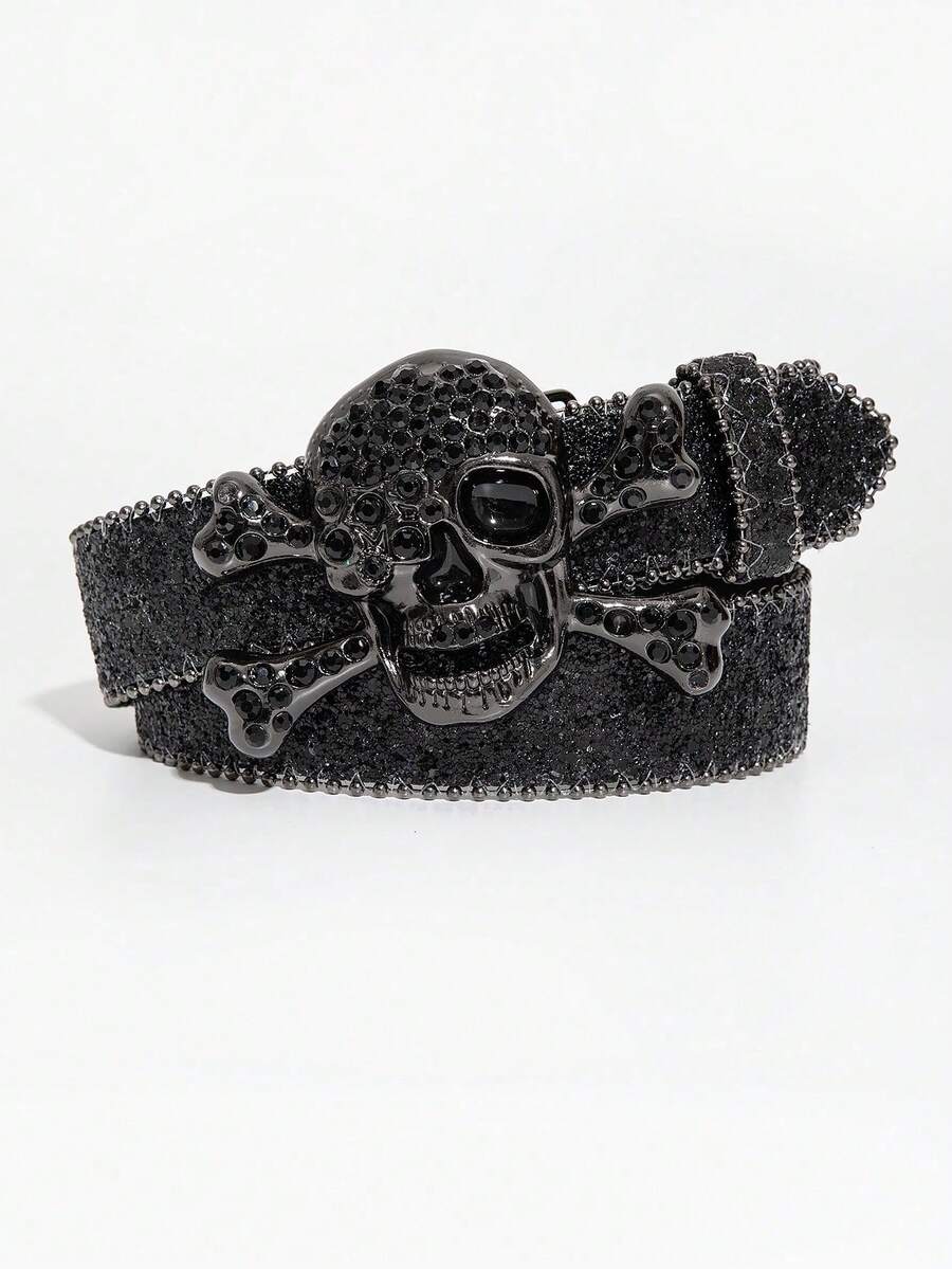1pc Men Y2k Punk Skull Head Decor Belt Buckle, Suitable For Matching Pants Belt Street Halloween Summer, School - Black Glitter - View 1