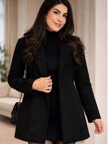 Women's Medium Overcoat With Pockets And Buttons, Elegant Wool, Winter - Black - View 3