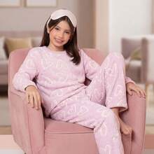 Baby Plush Teddy Pajamas For Winter, Cold Weather, Closed With Heart Design - Coral Pink - View 4