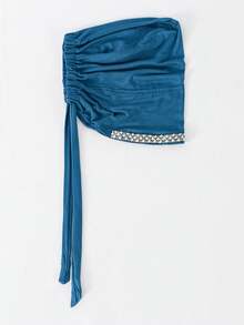 1pc Women's Fashion Solid Color Rhinestone Studded Muslim Tie Headscarf, Versatile Headwrap Hijab, Suitable For Daily Wear - 119-denim Blue - View 5