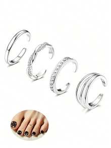 4PCS/Set Anillos para los dedos de los pies ajustables, diseño minimalista con circonita microincrustada en forma de flor, hipoalergénico, adecuado como accesorio multifuncional de playa para mujeres, perfecto para festivales y eventos musicales, adecuado para todas las estaciones. - Multicolor - Ver 2