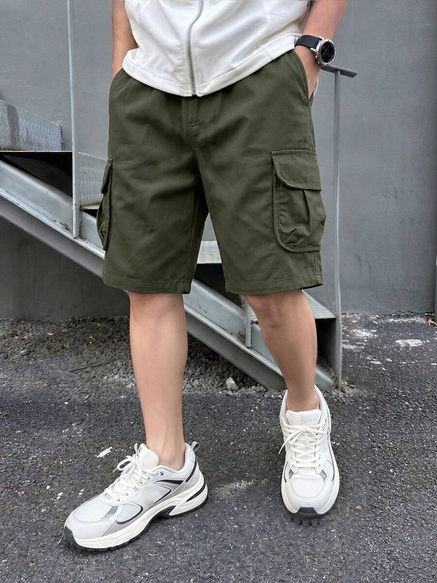 1件装 男童户外运动休闲时尚百搭直筒多口袋及膝短裤 - 軍綠色 - 查看 1