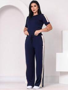 Women's Basic Pants And Blouse Set With Stripes On The Side - Navy Blue - View 4
