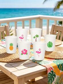 20/30pcs Hawaii Tropical Party Paper Cups, Disposable Cups With Flamingo, Pineapple, Hibiscus & Palm Tree Designs, Aloha Themed Drinkware For Luau, Pool & Summer Parties - View 6