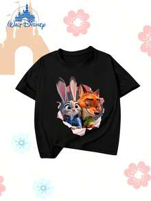 DISNEY Boys' Zootopia Nick & Judy Cartoon Shirt - Soft Stretchy Breathable Kids Summer Outfit With Nick Wilde & Judy Hopps Character Design, Loose Fit Short Sleeve Tunic Suitable For Kids, Holiday Gift For Boys - 黑色 - 查看 2