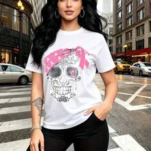 Camiseta de mujer con estampado de calavera color rosa y cinta de conciencia sobre cáncer de mama - diseño urbano con pañuelo y detalles florales, ajuste cómodo y fresco para el calor - ideal para paseos por la ciudad, eventos de concientización o re - Blanco - Ver 8