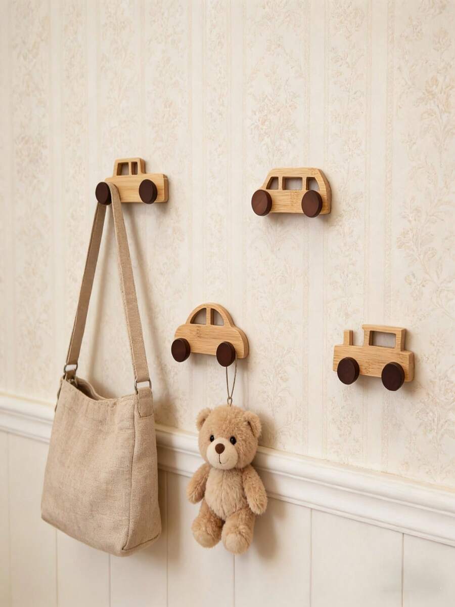 1pc Wooden Car Model Wall Hanging Hook Rack, Entryway Closet Fixed Hole Hook, Suitable For Bedroom And Living Room