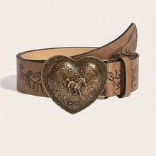 1pc Women's Bronze Horse Metal Buckle Horse Engraved Embossed Belt, A Versatile Decorative Belt For Jeans, Suitable For Daily Travel - 棕色馬 - 查看 1