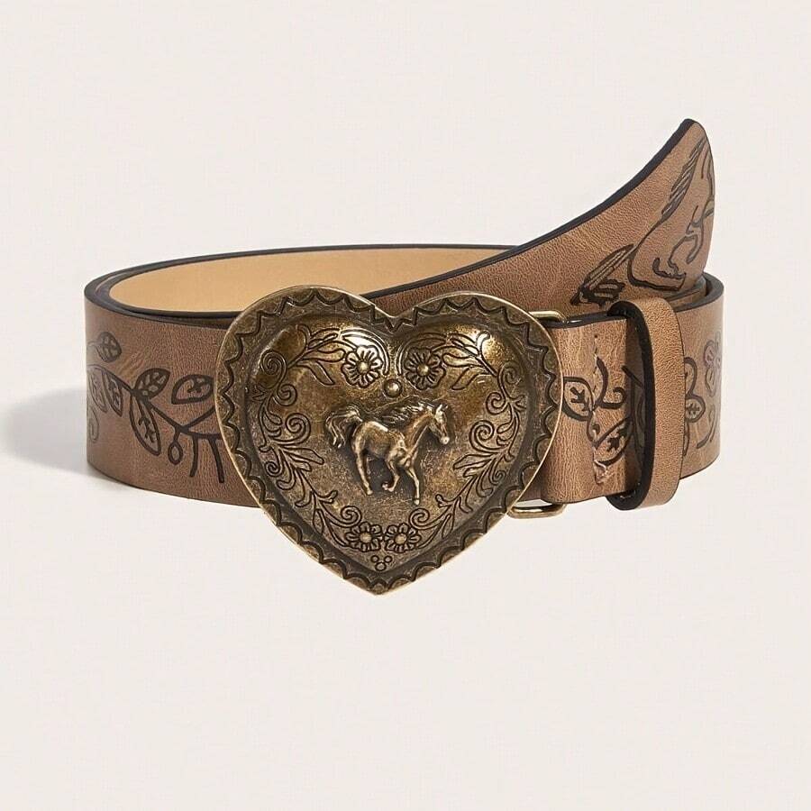 1pc Women's Bronze Horse Metal Buckle Horse Engraved Embossed Belt, A Versatile Decorative Belt For Jeans, Suitable For Daily Travel - 棕色馬 - 查看 1