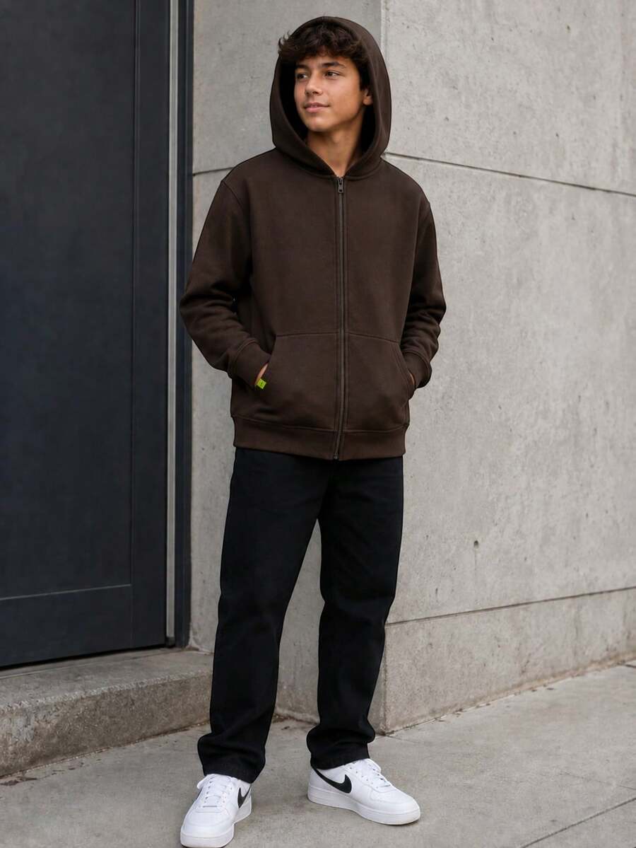 Blusa de Moletom Juvenil com Capuz e Zíper Flanelada Masculina Infantil Juvenil Inverno Casual Confortável - Marrom - Visão 1