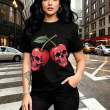 Camiseta de mujer con estampado gótico de dos cerezas estilo calavera humana y dientes visibles - diseño edgy de cuello redondo con ajuste cómodo y fresco, ideal para paseos urbanos, salidas nocturnas o eventos alternativos - regalo perfecto para mam - Negro - Ver 10