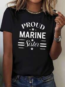 Women's Proud Marine Sister Cotton Casual T-Shirt, Short Regular Sleeve Scoop Neck Top For Everyday Wear, Cute & Elegant Style - 黑色 - 查看 1