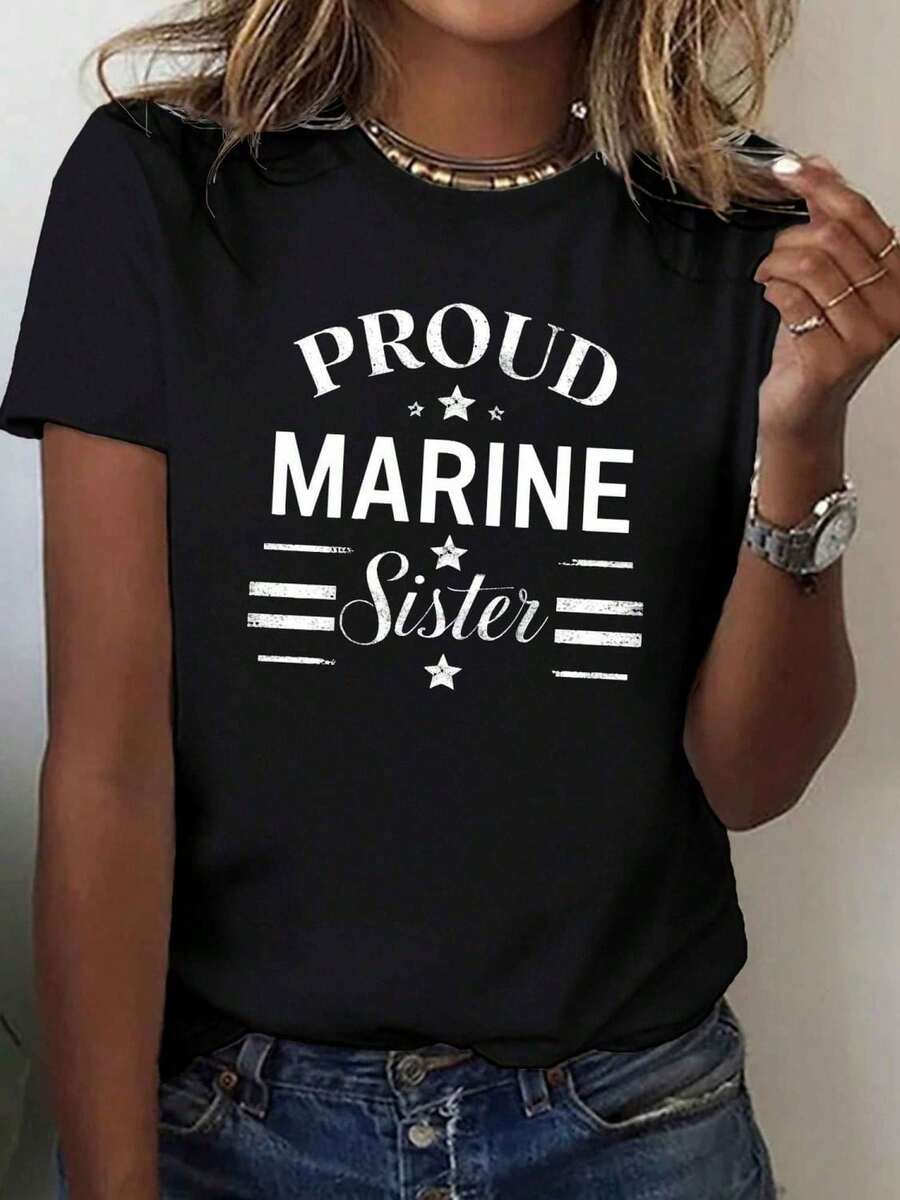 Women's Proud Marine Sister Cotton Casual T-Shirt, Short Regular Sleeve Scoop Neck Top For Everyday Wear, Cute & Elegant Style - 黑色 - 查看 1