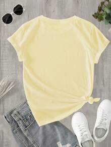 Camiseta de Mujer 2026 con Estampado 100% - "C'est La Vie", top casual de manga corta y cuello redondo, fondo blanco con texto azul, corte regular, camiseta de primavera-verano, camiseta de mujer, camisa de textura suave, tela transpirable, top para uso diario, estilo casual, camiseta ligera, camiseta estampada, camiseta para adulto. - Albaricoque - Ver 3