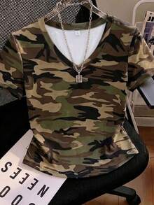 1pc Women's Summer Fashionable Camouflage Print Fitted Short Sleeve T-Shirt, Retro Y2K Style, Suitable For Street, Office, School, Casual Daily, Date, Gathering, Party And Other Occasions - Army Green - View 3