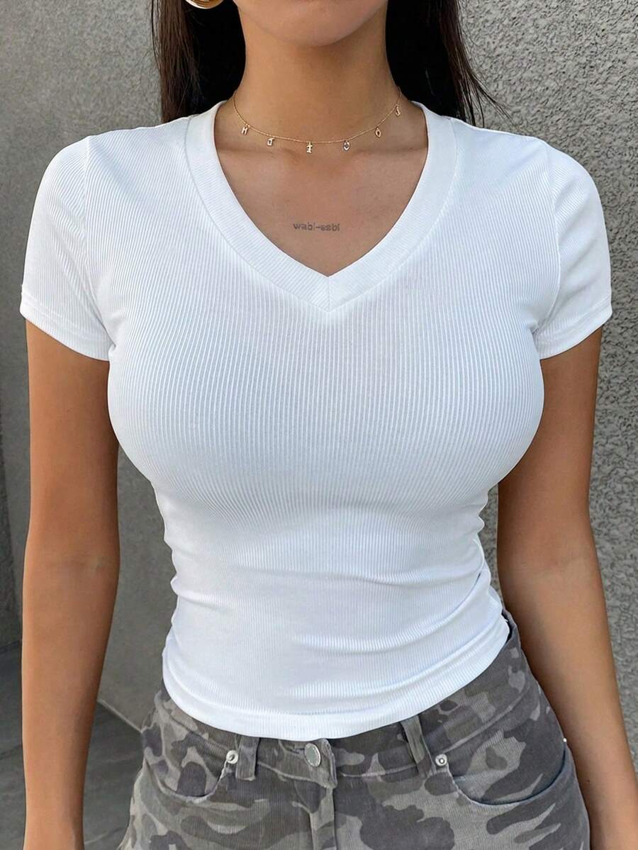 Camiseta de manga corta casual de corte ajustado con cuello de solapa y unicolor, estilo preppy para mujer - Blanco 6 - Ver 1