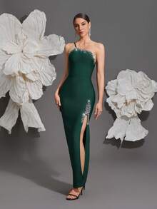 Knitted Bandage Dress, Women's One Shoulder Handmade Beaded Sexy Bodycon Slit Elegant Dress For Home Party, Holiday, Banquet Wedding - Dark Green - View 5