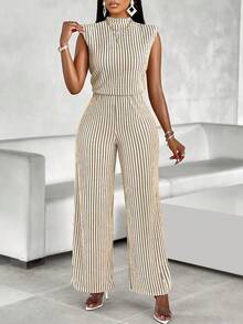 AIJ Amarilo Women's Elegant Striped High Neck Sleeveless Backless Hollow Out Wide Leg Jumpsuit, Suitable For Commuting, Office, Daily Wear, Street, Night Out, Thanksgiving (Random Pattern) - Champagne - View 6