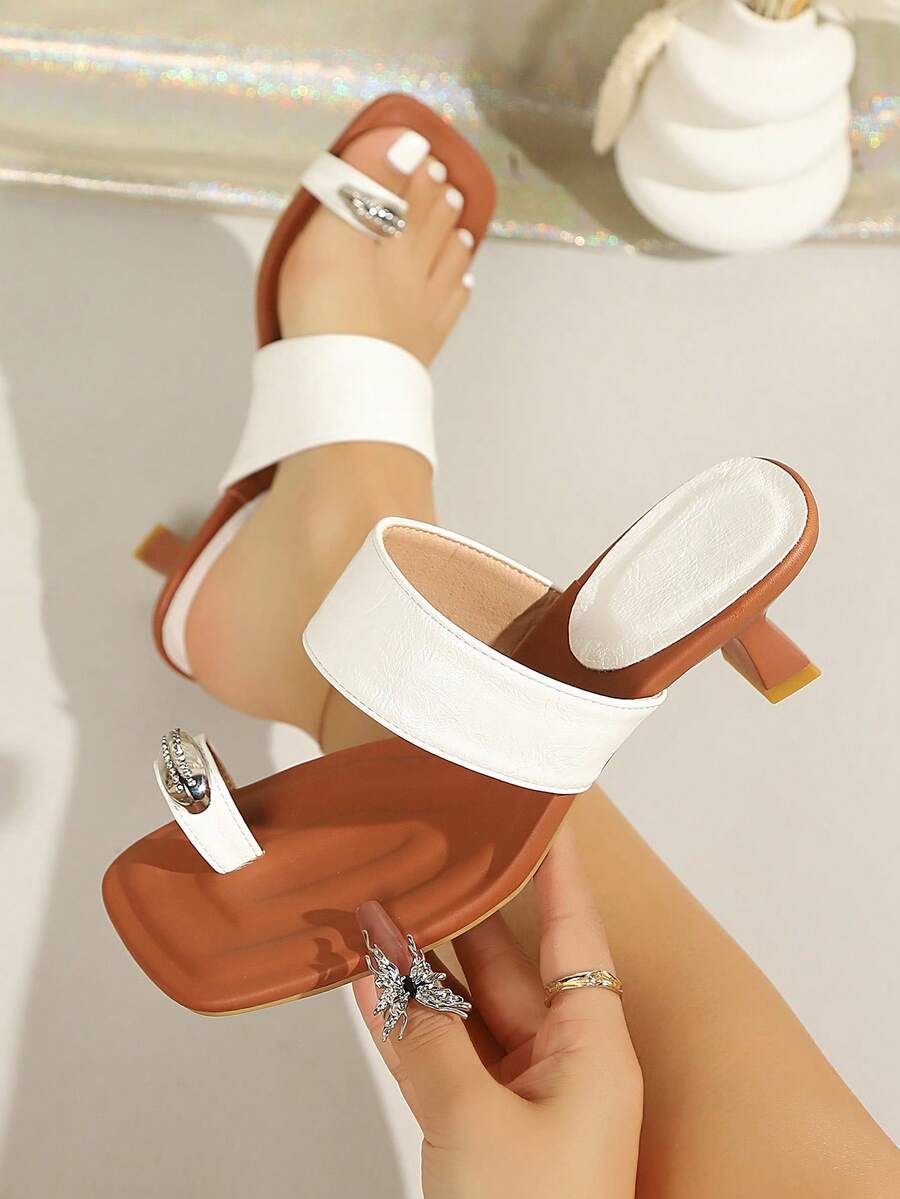 White Matte Chunky Heel Slip-On Sandals, Elegant Square Toe With Delicate Toe Ring, Fresh Summer Mule Shoes, Suitable For Brunch, Garden Events And Bridal Parties - White - View 1