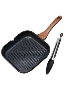 Sartén cuadrada antiadherente SQUABEE con pinzas - Sartén para parrilla de 28 cm con estrías, sartén de granito para bistec, pollo, verduras, apta para gas e inducción - Ver 9