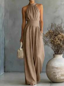 New Hit Jumpsuit For Women, Sleeveless, Halter Style, Loose And Wide Leg Cut, Fitted Waist, Flattering Design, Elegant, Perfect For Daytime Looks, Walks And Casual Occasions - 卡其色 - 查看 3