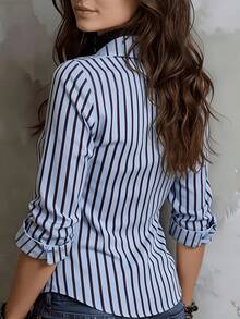 Women's Elegant Autumn/Winter Retro Blue & Brown Vertical Striped Colorblock Slim Fit Shirt, Commuter Slimming Lapel Long Sleeve Top With Button Front, Office All-Season Style - Light Wash - View 3
