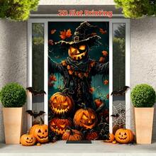 2D Flat 1PC Halloween Dark Door Banner, Pumpkin Head Witch Hat Scarecrow Printed Door Curtain Background, Suitable For Festivals, Haunted House Decorations, Theme Events, Polyester Material - A - View 2