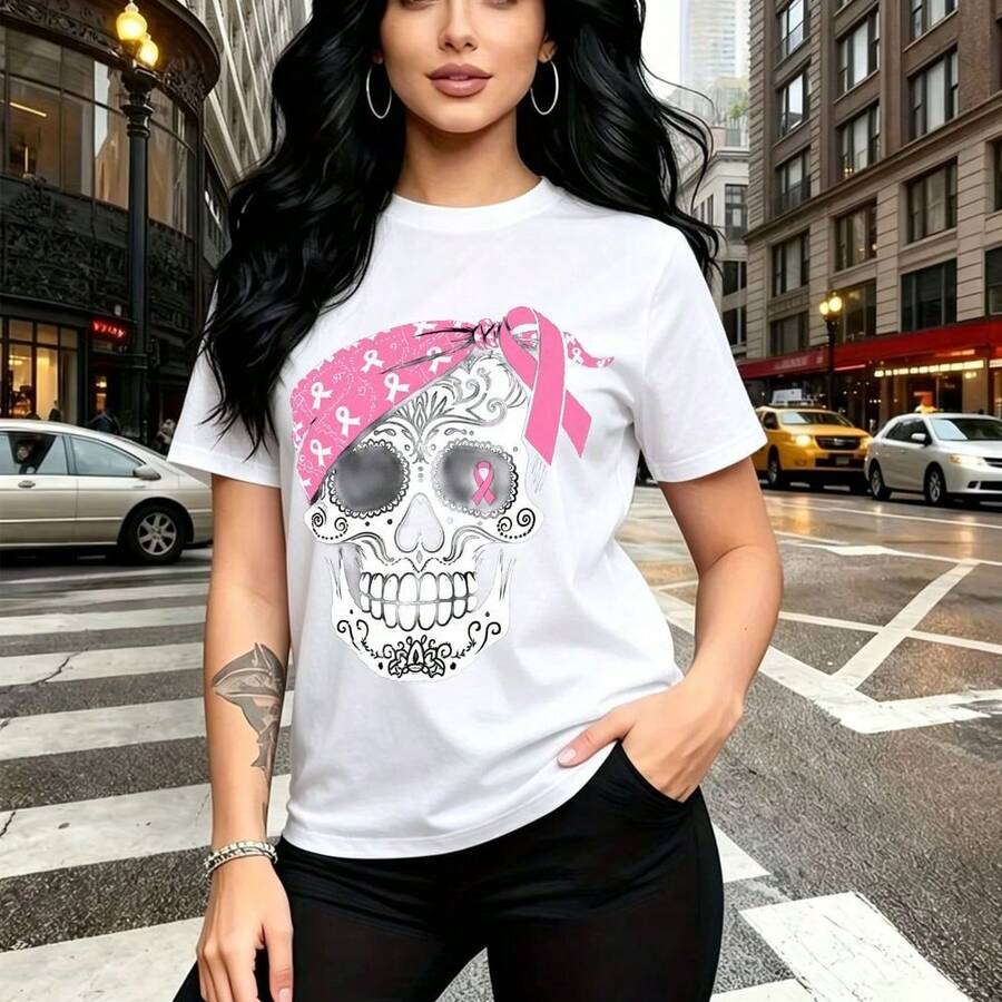Camiseta de mujer con estampado de calavera color rosa y cinta de conciencia sobre cáncer de mama - diseño urbano con pañuelo y detalles florales, ajuste cómodo y fresco para el calor - ideal para paseos por la ciudad, eventos de concientización o re - Blanco - Ver 1