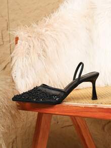 Sexy Mode Mesh Perlen Spitze Zeh Lack Absatz Lässig vielseitige Knöchelriemen Schwarze High Heel Sandalen für Frauen - Schwarz - Übersicht 5