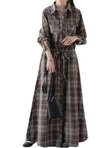 Plus Size Denim Dresses - Checkered Brown - View 1
