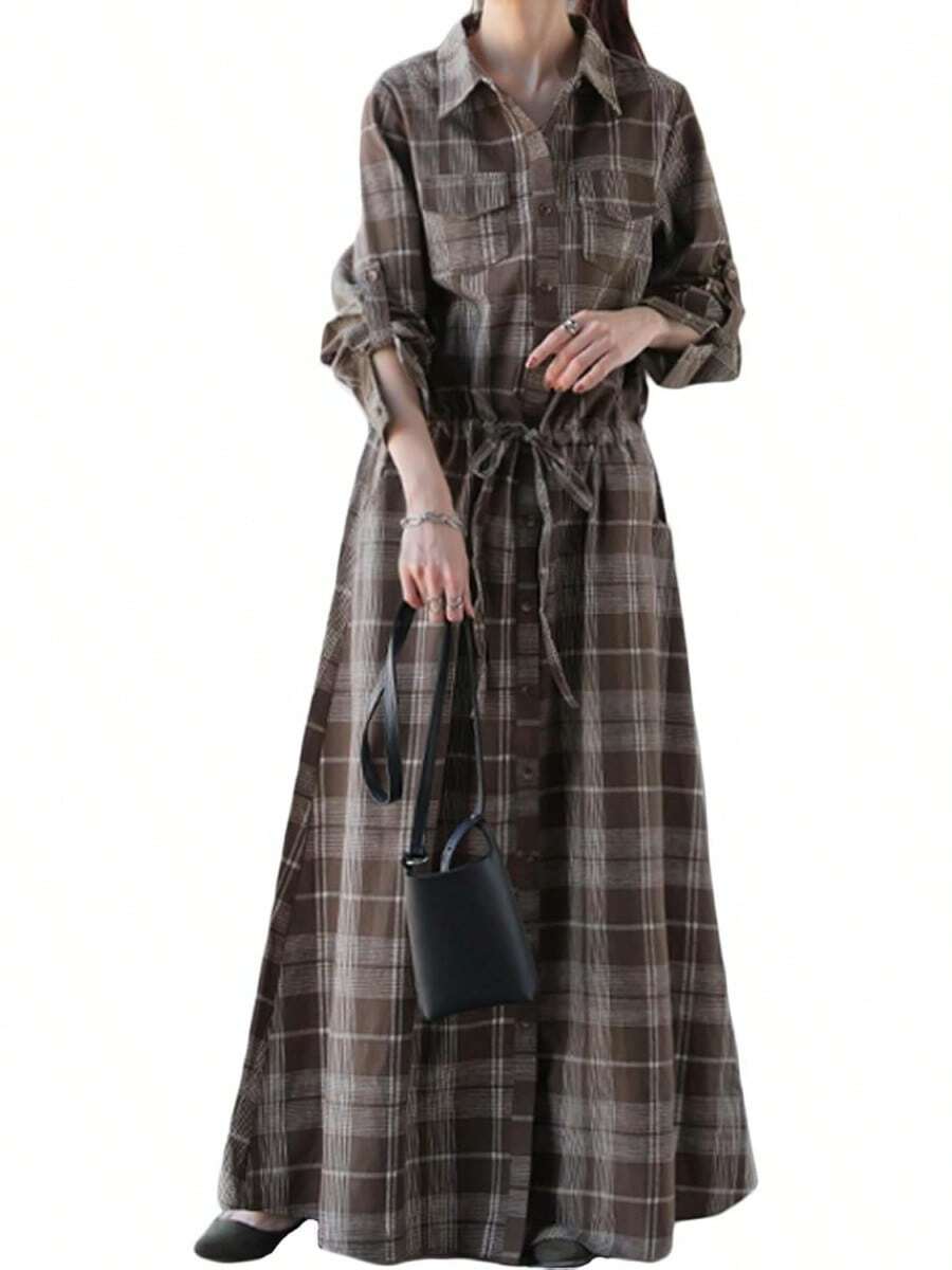 Plus Size Denim Dresses - Checkered Brown - View 1