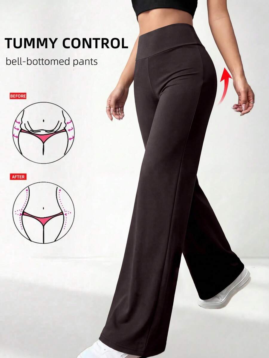 Pantalones de pierna recta acampanada de cintura alta en unicolor - Marrón - Ver 1