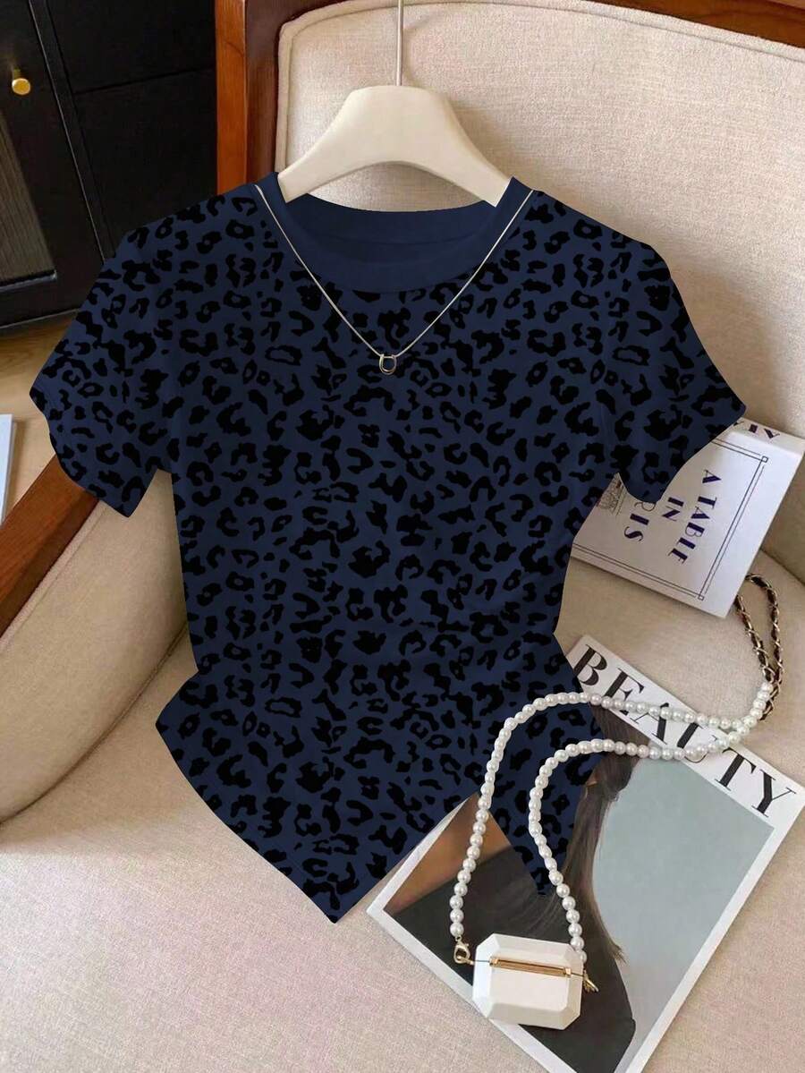Camiseta casual de cuello redondo ajustada con estampado de leopardo para mujer, nueva llegada de primavera/verano, talla grande vendida - Multicolor 17 - Ver 1