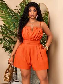BIUBIU Plus Size Women's Orange Casual Jumpsuit, Sleeveless Spaghetti Strap V-Neck Ruched Short Jumpsuit With Pockets, Suitable For Summer And Daily Wear - Burnt Orange - View 4