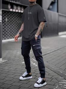 Hombres Camiseta de hombros caídos con estampado de letra - Gris Oscuro - Ver 3