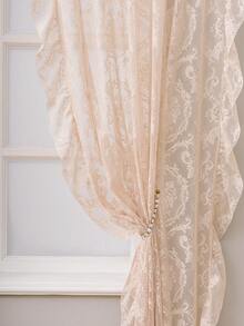 1pc French Countryside Style Floral Lace Trim Curtain Sheer, Holiday Decor - Beige - View 9
