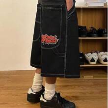 Men's American Street Style Signature Shorts! Wide Leg Distressed Denim Shorts With Contrast Stitching, Exuding Edgy Cool Vibe - Black - View 1
