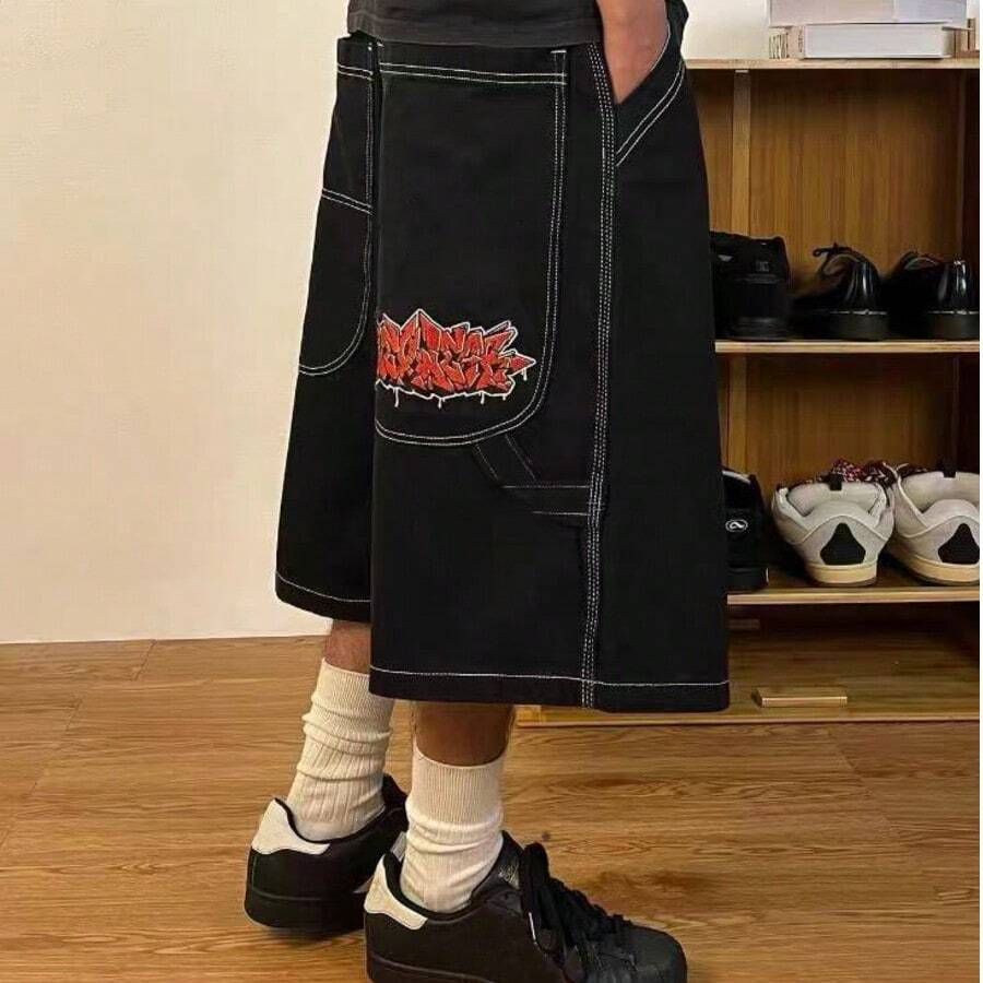 Men's American Street Style Signature Shorts! Wide Leg Distressed Denim Shorts With Contrast Stitching, Exuding Edgy Cool Vibe - Black - View 1