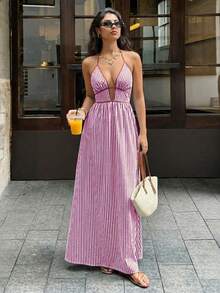 Halter Neck Striped Backless Dress Available In Multiple Colors - Hot Pink - View 2
