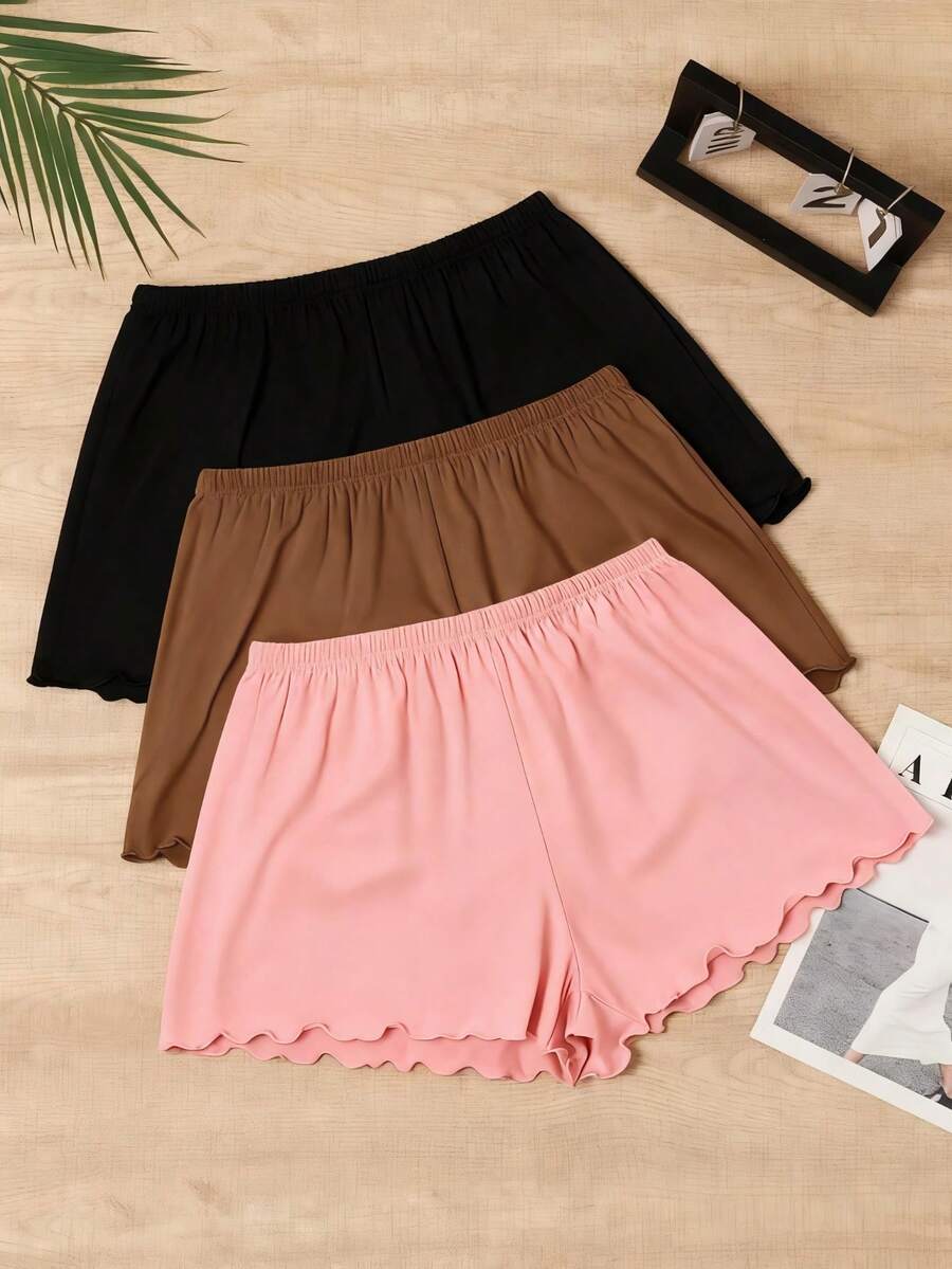 Spring/Summer New Minimalist Blank Ruffle Hem Shorts 3pcs & Solid Color Minimalist Comfortable Home Pajama Pants 3pcs - Multicolor - View 1