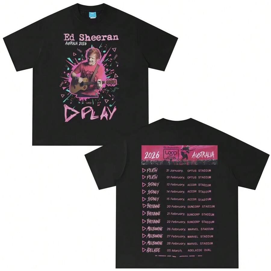Camiseta Estampada Ed Sheeran Loop Australian Tour 2026, Camisetas de Algodón de Moda para Hombre y Mujer, Estética, Camisetas Casuales, Regalos para Fans - Negro - Ver 1