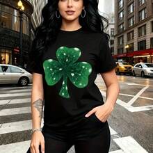 Camiseta de mujer con estampado de trébol verde brillante de cuatro hojas y detalles brillantes - camiseta casual de manga corta con ajuste cómodo y estilo urbano, ideal para pasear por la ciudad, fiestas o salidas diarias - regalo perfecto para mamá - Negro - Ver 10