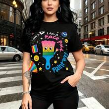 Camiseta de mujer con estampado divertido de pincel de pintura facial animado y texto "Soy Artista de Pintura Facial" - camiseta casual de cuello redondo, ajuste cómodo y elegante para artistas creativos - ideal para días de trabajo en eventos festiv - Negro - Ver 8