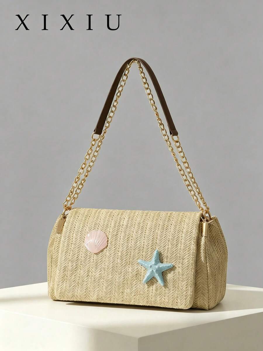 Túi đan bằng sợi raffia thiết kế độc đáo mới, kiểu dáng nghỉ dưỡng với dây đeo dạng xích, túi xách đeo vai đa năng dành cho nữ, phù hợp cho đi làm hàng ngày và dạo chơi. - Màu Khaki - Xem 1